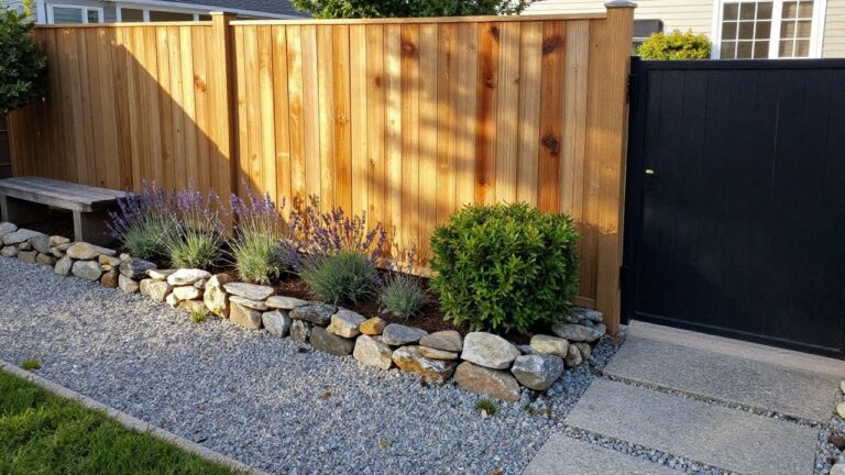 19 Distinctive Stone and Wood Fence Ideas That Blend Strength and Natural Beauty A wooden fence with a low stone wall at the base borders a gravel path and garden bed with lavender and shrubs next to a black gate.