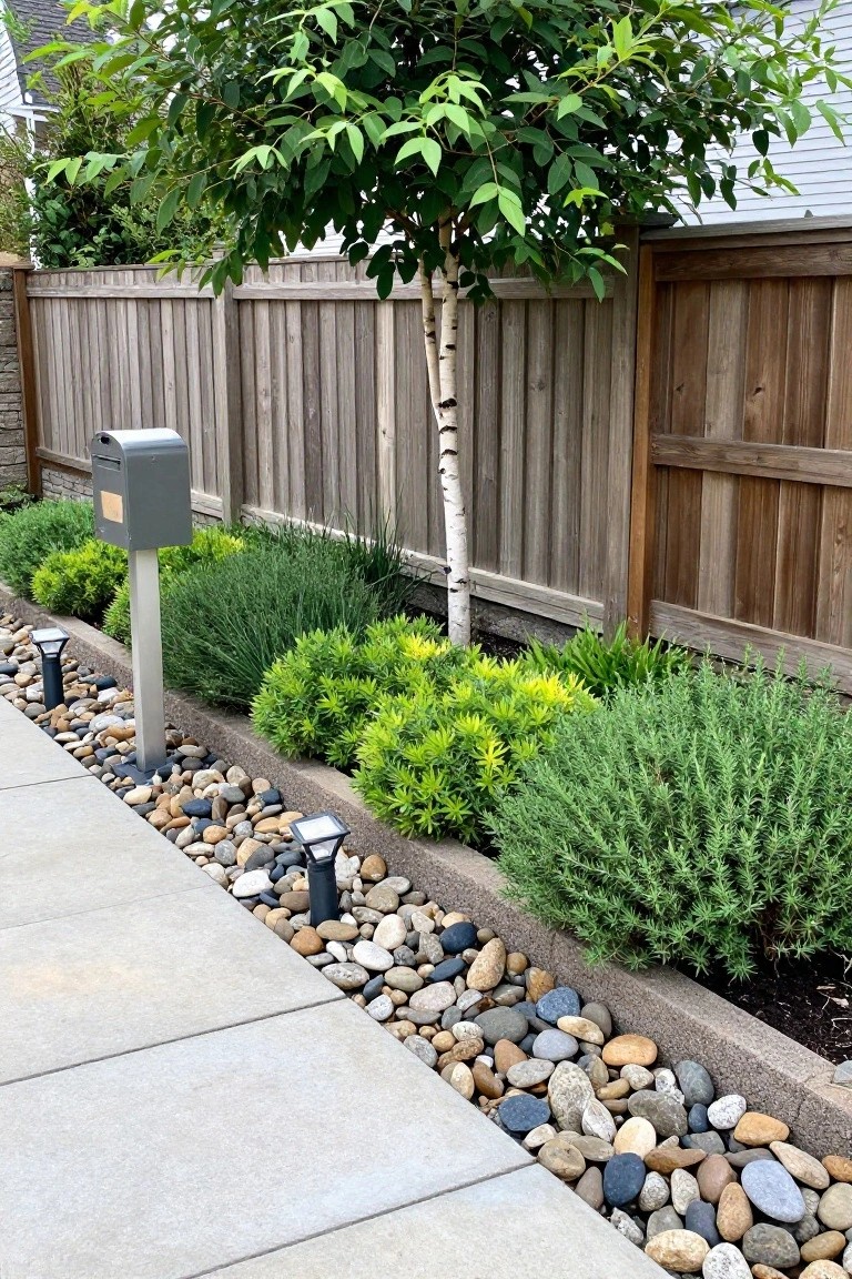 A wooden fence runs along a garden bed edged with multicolored river rocks, low shrubs, and grasses, with a gray mailbox on a metal post beside a concrete walkway.
