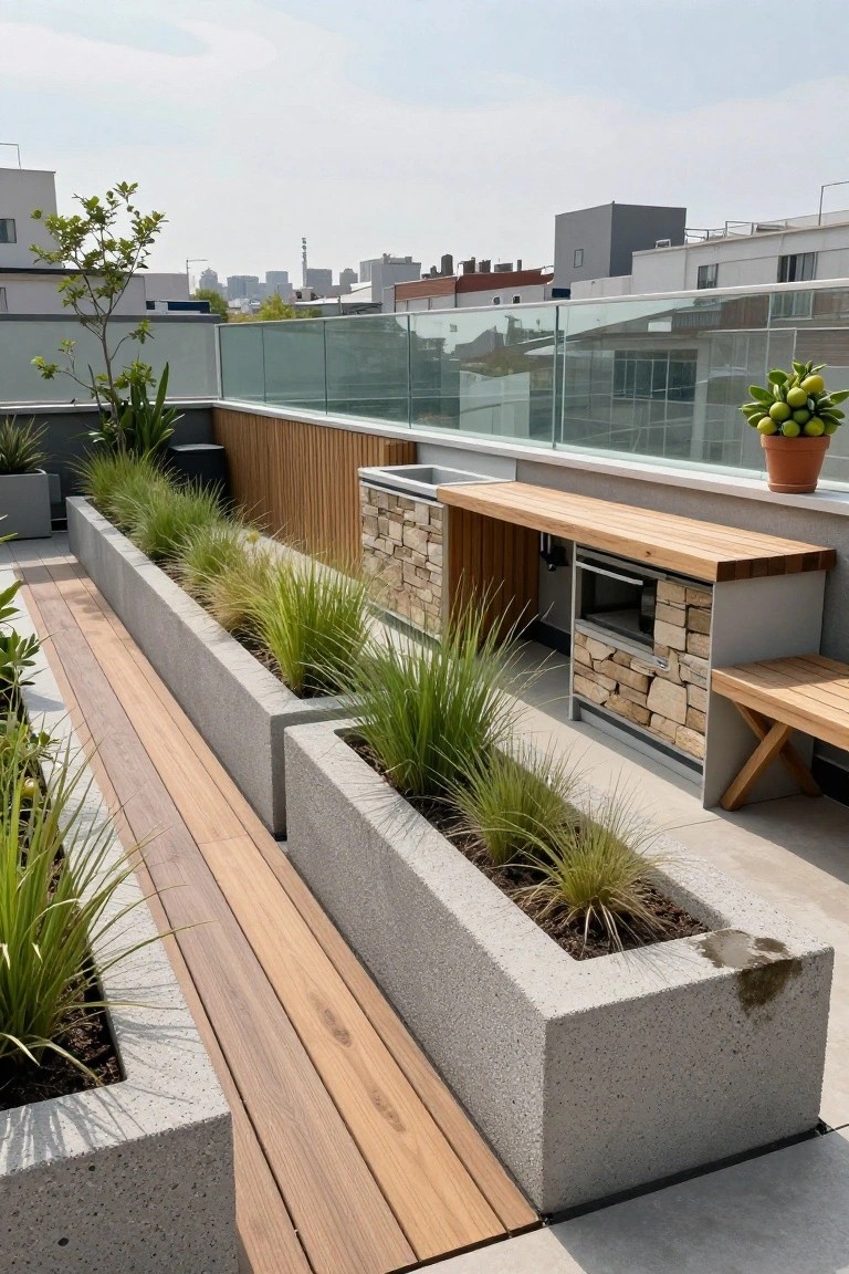 A modern rooftop terrace shows long concrete planters with tall grasses, a wooden walkway, and a built-in outdoor kitchen clad in stone veneer with wood countertops and a bench beside a glass railing.