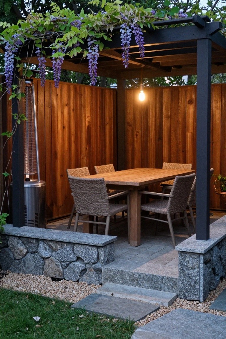 An outdoor dining table with woven chairs sits under a dark pergola with hanging purple flowers, bordered by a tall wood fence and low stone wall on a stone patio.