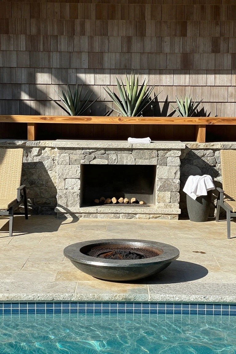 An outdoor poolside area with a stone fireplace set into a shingled wood wall, a round metal fire pit on the patio, and two lounge chairs nearby.