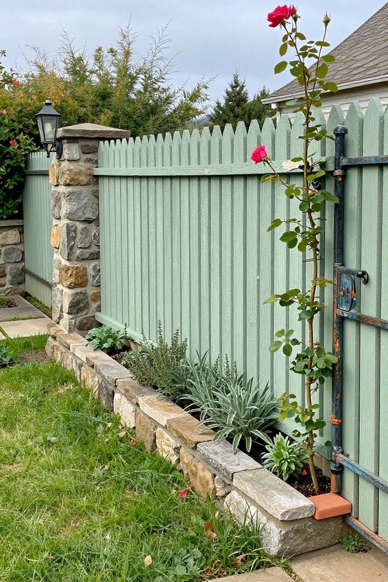 Green fence with pointed tops borders stone garden bed and tall pink roses