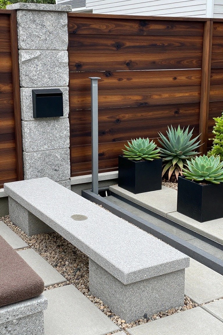 Modern patio with gray stone bench, black planters of succulents, and wooden fence