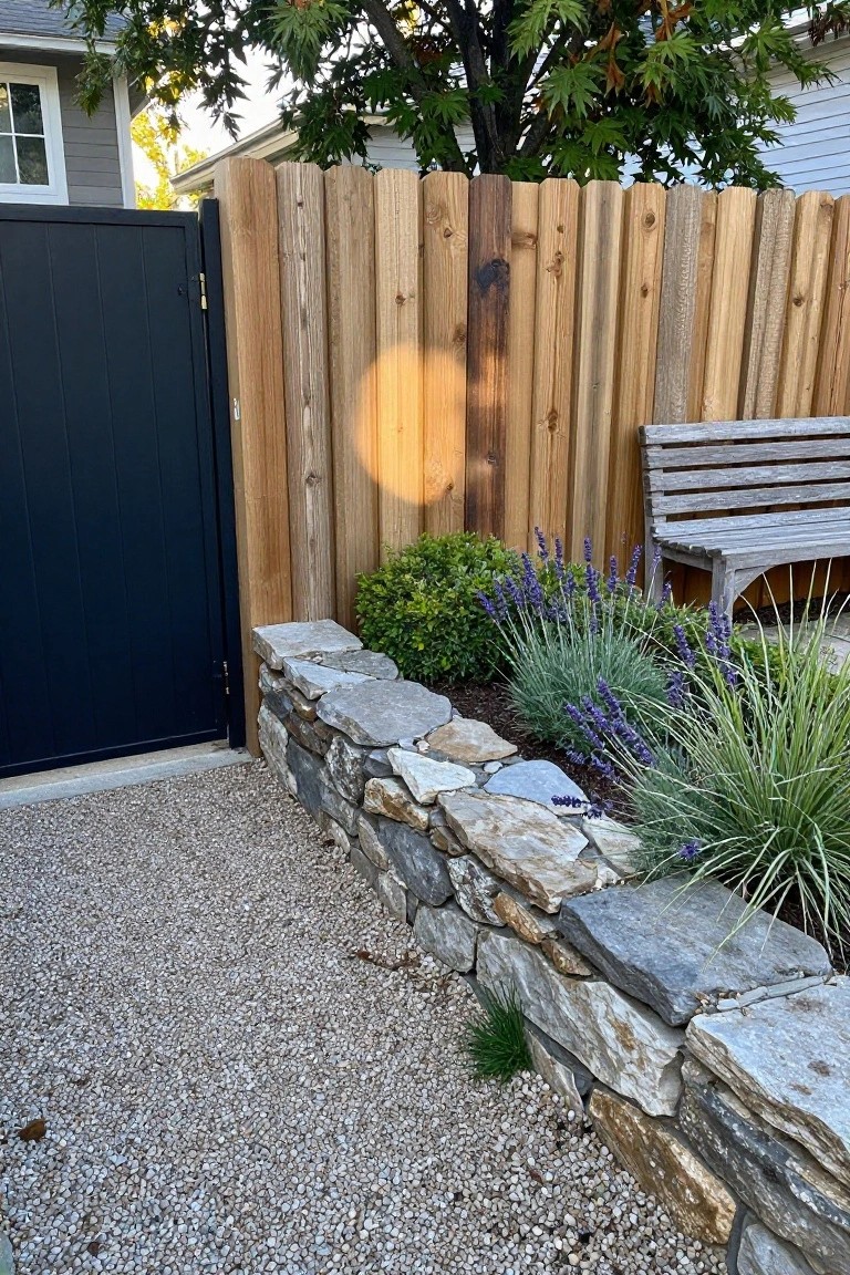 A wooden fence with a low stone wall at the base borders a gravel path and garden bed with lavender and shrubs next to a black gate.