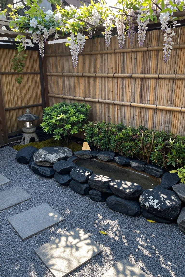 A small pond bordered by irregular dark stones sits in a gravel garden with stepping stones, shrubs, a stone lantern, and a bamboo fence topped with white flowering vines.