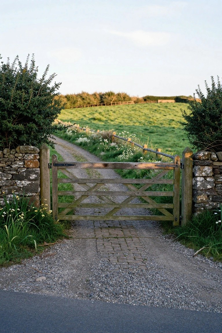 A wooden gate between two stone pillars marks the start of a gravel path leading into a grassy field.