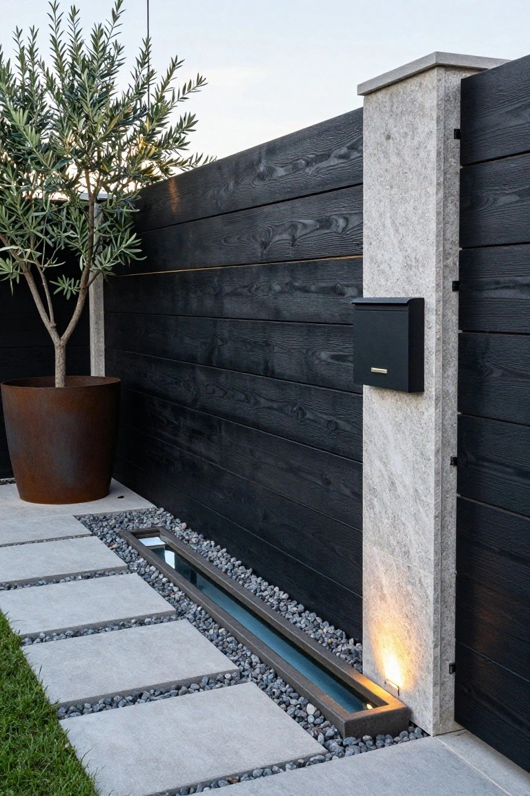 A section of dark horizontal wood fence with a light stone pillar, a black mailbox, and a linear water feature running beside concrete pavers and gravel.