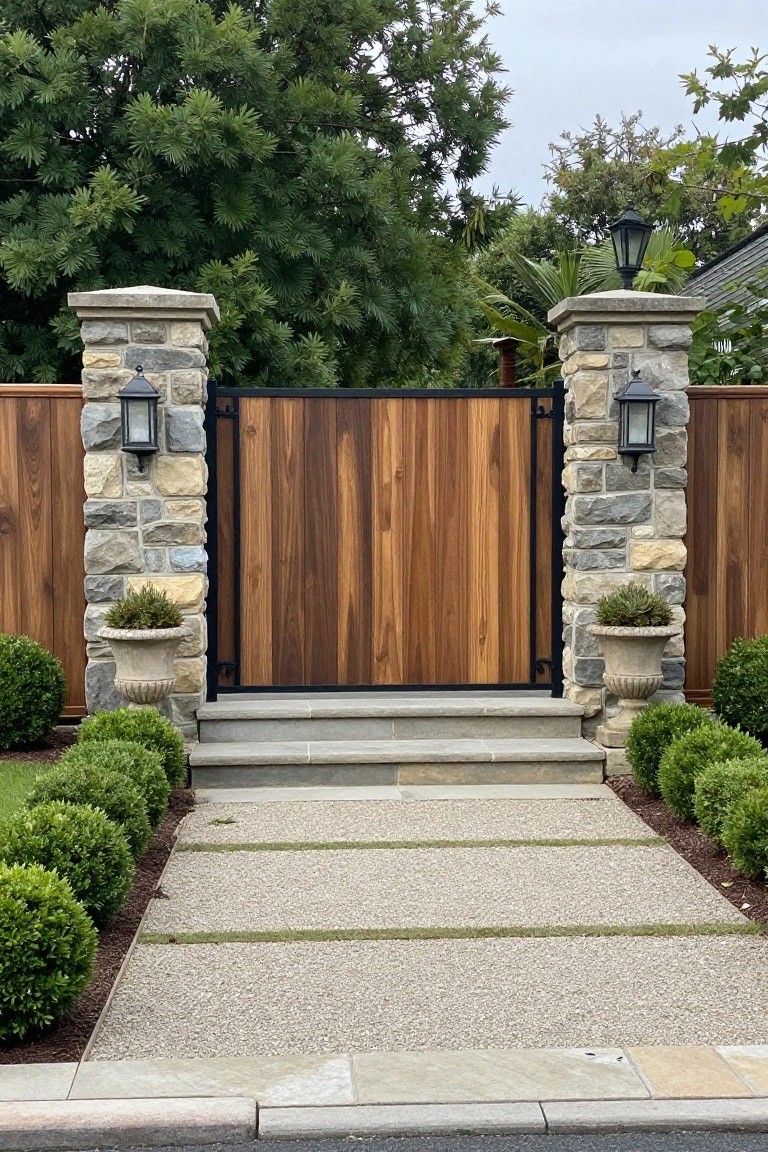 A wooden gate between two stone pillars with lanterns, stone steps, and a gravel path leading to it.