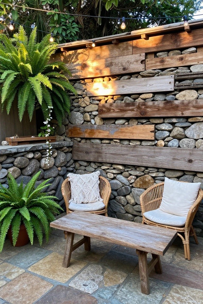 An outdoor patio area with two rattan chairs, a wooden bench, and potted ferns set against a stone wall fitted with several long horizontal wooden planks and overhead string lights.