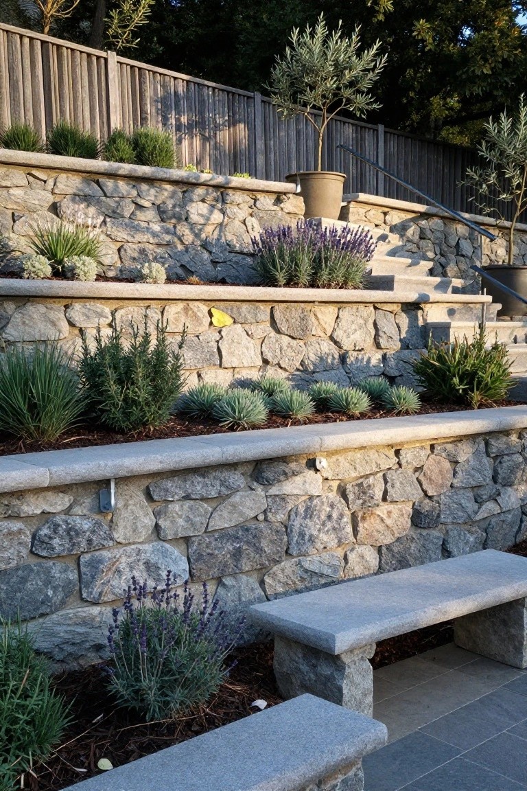 Tiered stone retaining walls with planting beds, stone stairs, a stone bench, and a wooden fence behind the top level.