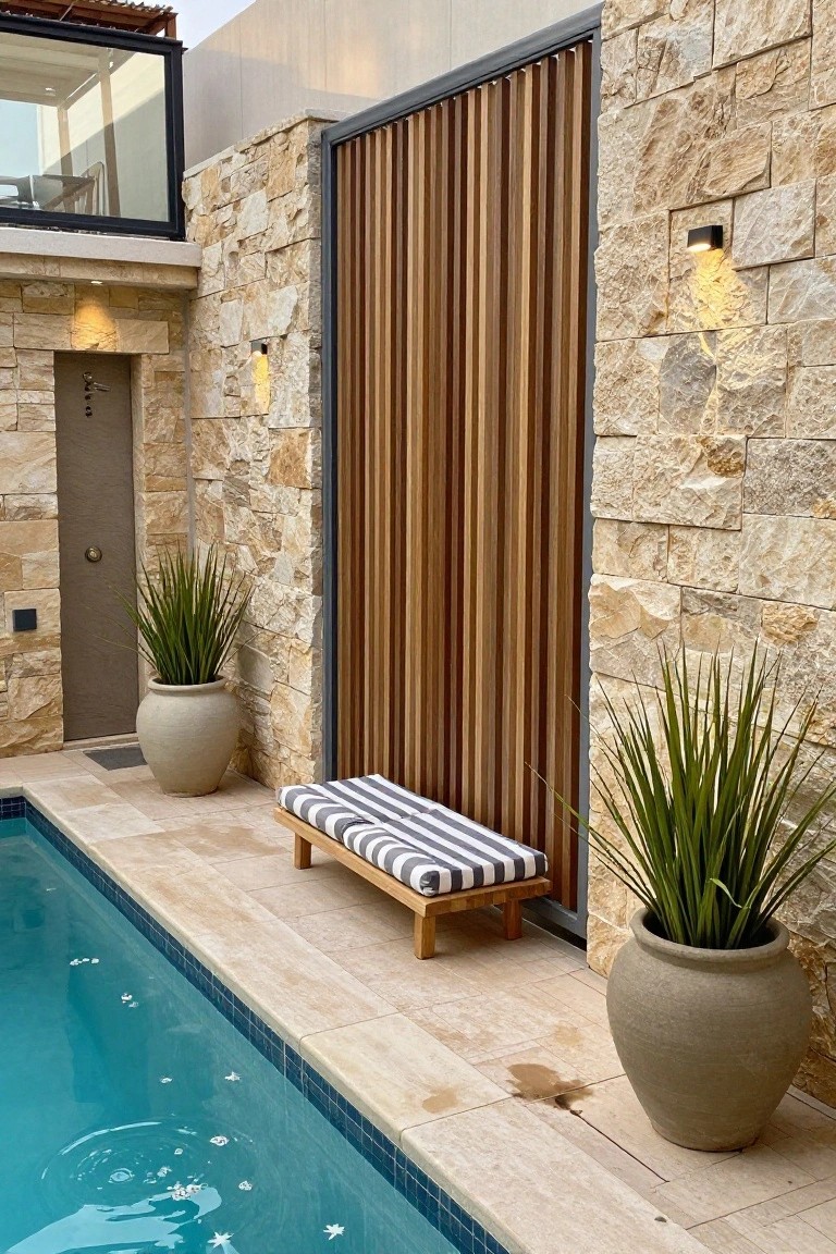 A poolside patio with a vertical wood slat screen set against a stone wall, a striped bench in front, and two large potted plants.