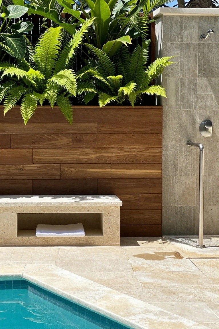 An outdoor pool area features a wooden slat wall with a planter box of ferns on top, next to a stone wall with a mounted shower fixture and a stone bench holding a folded towel.