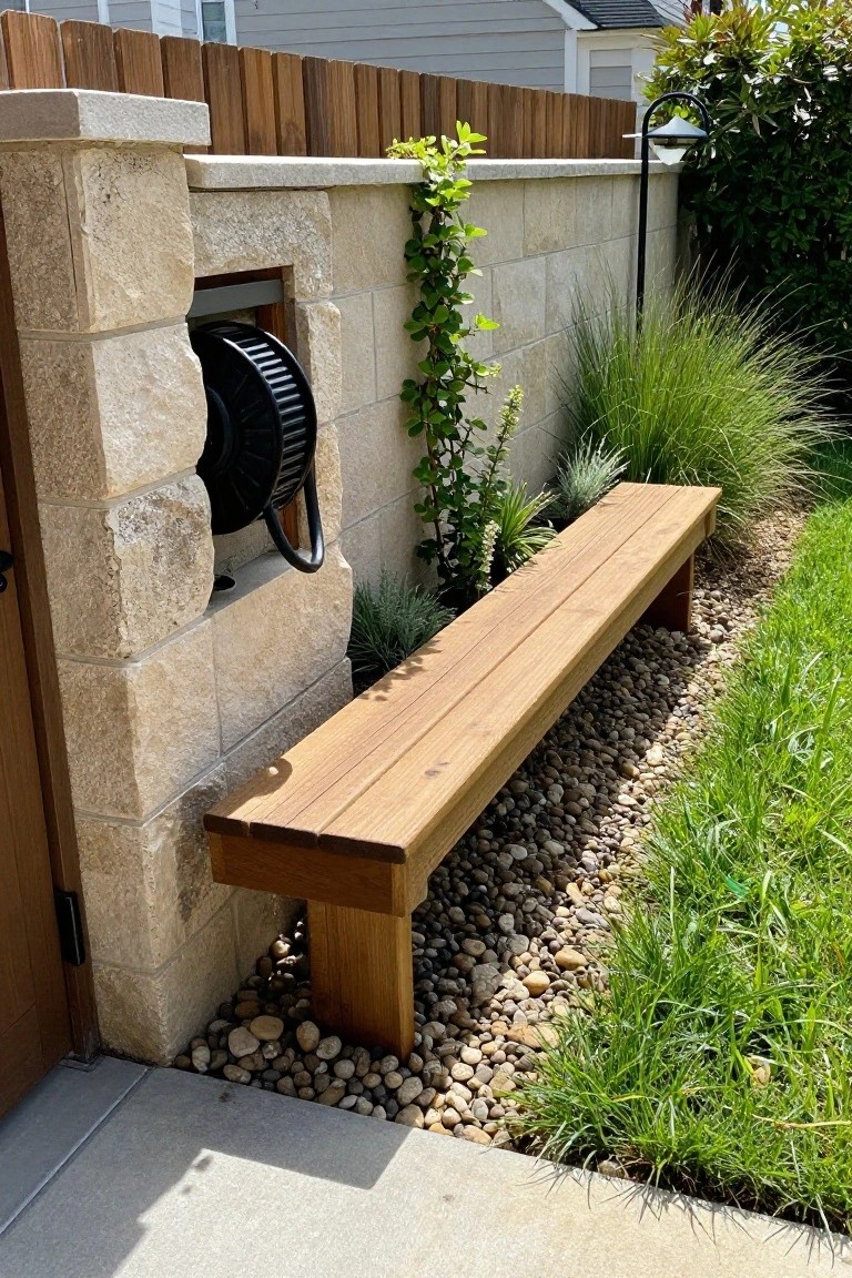 A wooden bench runs along the base of a stone block wall with a black hose reel recessed into a stone pillar and plants growing in a pebble bed beside the bench.