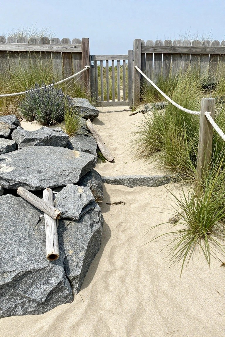 A wooden fence with a central gate stands over a sandy path bordered by large gray rocks and rope strung between posts.