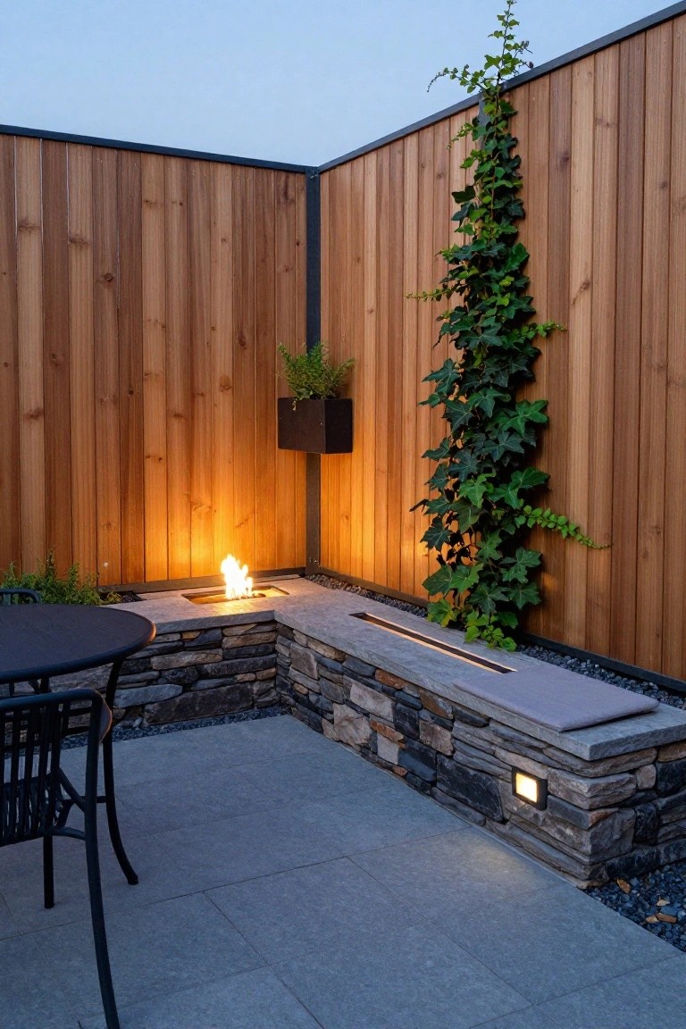 An outdoor patio corner with vertical wood fencing, a low stacked stone wall that includes a bench seat, a recessed fire pit, and a small black table with chairs.