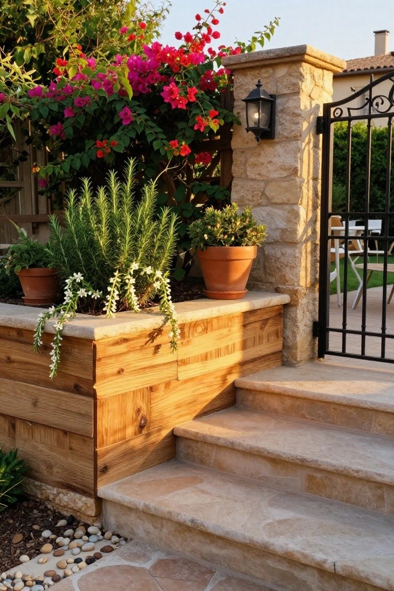 A wooden raised planter filled with rosemary and white flowers sits on a stone ledge beside steps, next to a stone pillar with a black metal gate and bougainvillea overhead.