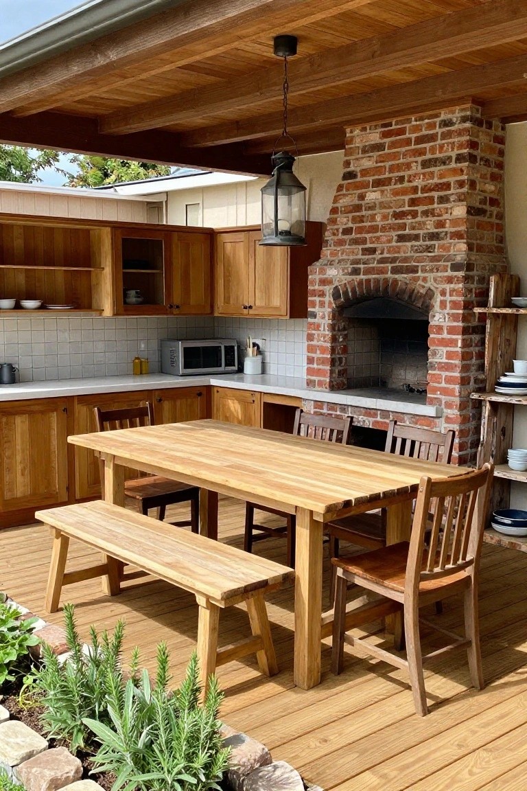 A wooden deck patio featuring a long dining table with a bench and chairs, surrounded by wooden kitchen cabinets, a brick fireplace, and a hanging lantern.