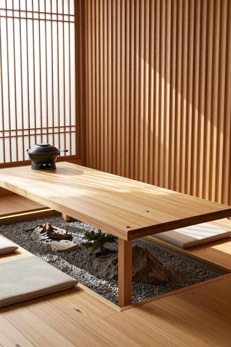 A low wooden table positioned over a recessed gravel area with rocks and a small plant inside a Japanese-style room with shoji screens and floor cushions.
