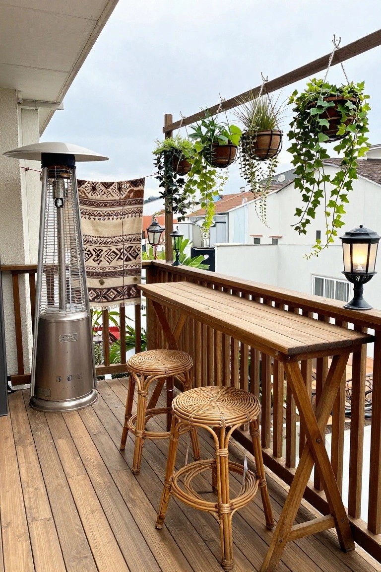 A wooden balcony featuring a long bar-height table with two woven stools, a tall patio heater, hanging plants, and a decorative tapestry.