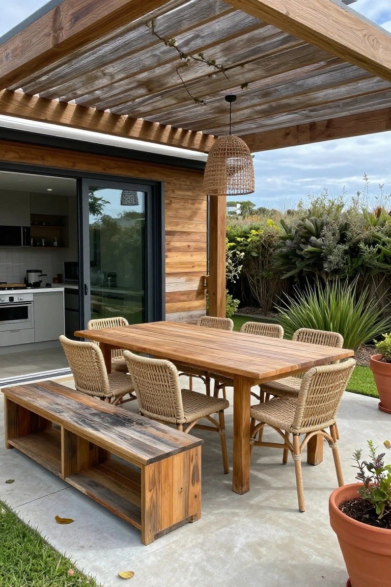 A wooden outdoor dining table with a matching bench and woven chairs is set under a slatted wooden pergola beside a house with large glass doors.