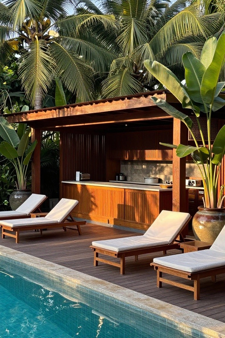 Wooden patio with lounge chairs next to a pool and a covered bar structure surrounded by tropical plants and palm trees.