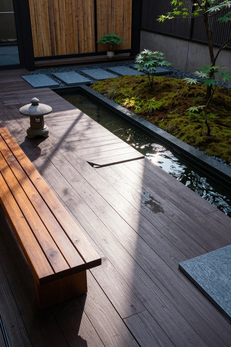 A wooden deck with a bench runs parallel to a narrow water channel bordered by moss and small trees, with stone pavers and bamboo screens in the background.