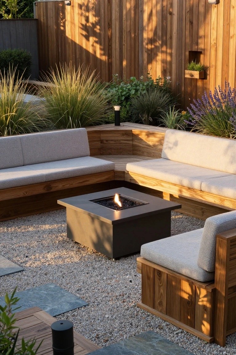 Wooden patio with built-in benches surrounding a square metal fire pit on gravel, backed by a wooden wall and plants.