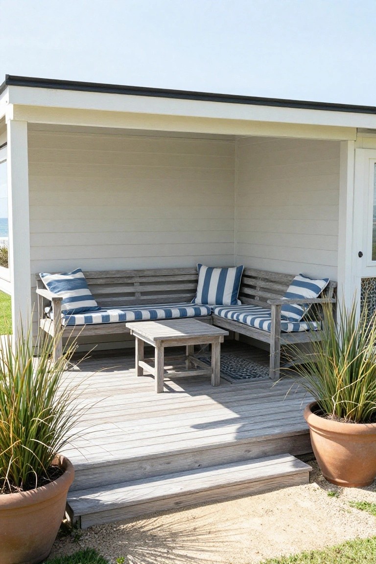 Wooden L-shaped bench seating built along the walls of a covered porch with a small table, striped cushions, and two large potted plants on the deck.