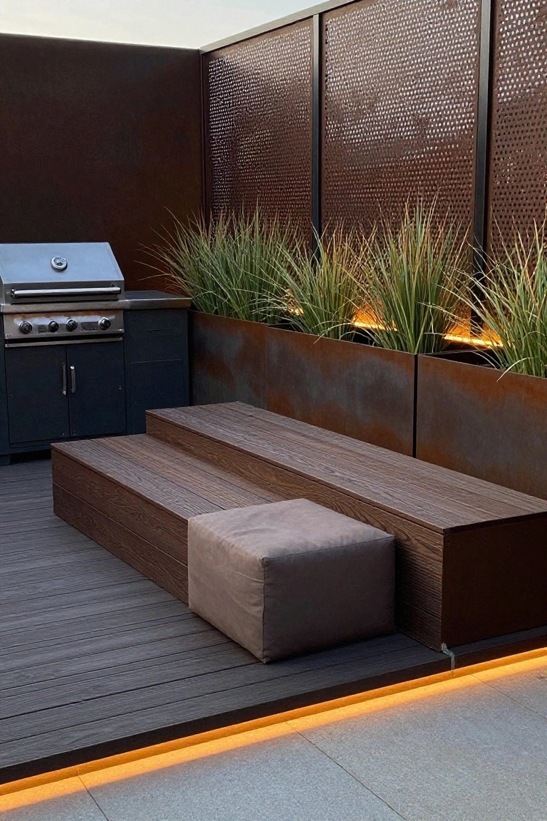 An outdoor patio with built-in wooden benches, a stainless steel grill on the left, and tall ornamental grasses growing in rusted metal planters against a perforated metal screen.