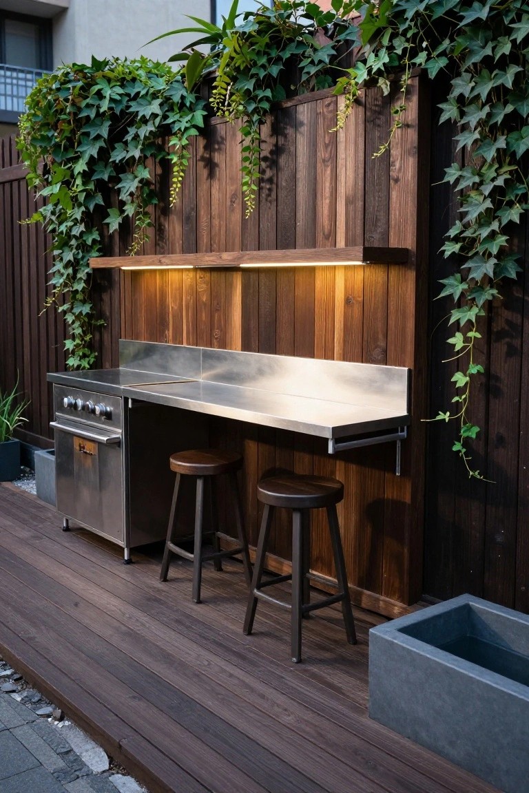 A stainless steel outdoor kitchen counter with range and two wooden stools on a dark wood deck against a vertical wood wall with hanging ivy.