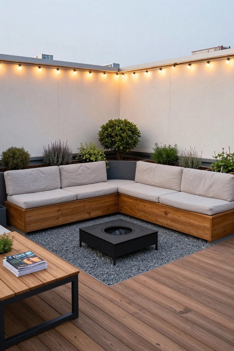 Rooftop patio corner with L-shaped wooden benches, black square fire pit on gravel, string lights overhead, and potted plants along the back wall.