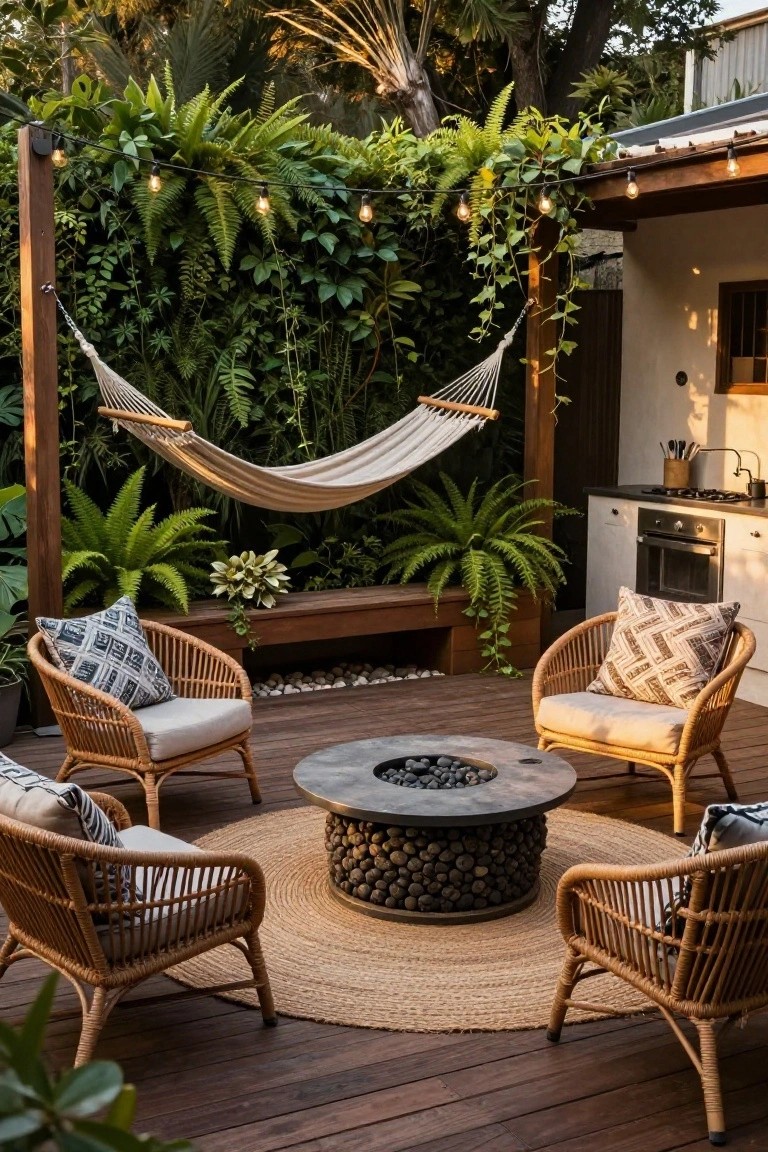A wooden deck patio with a round fire pit on a woven rug at the center, surrounded by four wicker chairs, a hammock between posts, and dense greenery in the background.