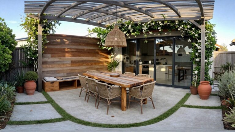A wooden outdoor dining table with a matching bench and woven chairs is set under a slatted wooden pergola beside a house with large glass doors.