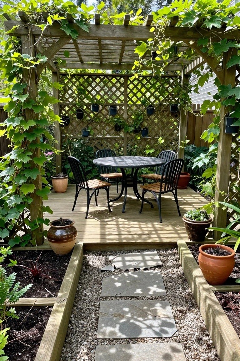 A wooden pergola with lattice sides covers a deck holding a round table and four chairs, with vines climbing the structure and potted plants placed around the edges, and a stone path leading across gravel to the steps.