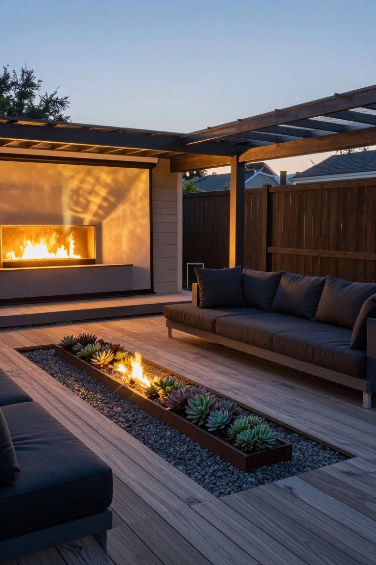 A wooden patio at dusk with a long rectangular fire pit containing gravel and succulents set into the decking, a dark outdoor sofa nearby, and a wall fireplace under a pergola.