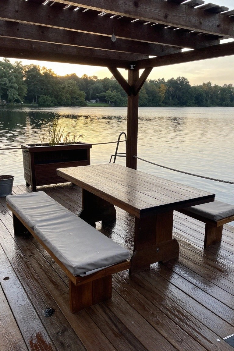 A long wooden dining table with benches sits on a wet deck beside a lake, next to a wooden planter box.