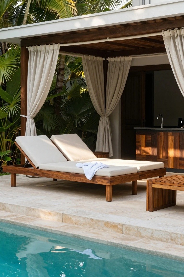 Two wooden lounge chairs with white cushions sit under a wooden pergola with tied-back beige curtains next to a swimming pool and tropical plants.