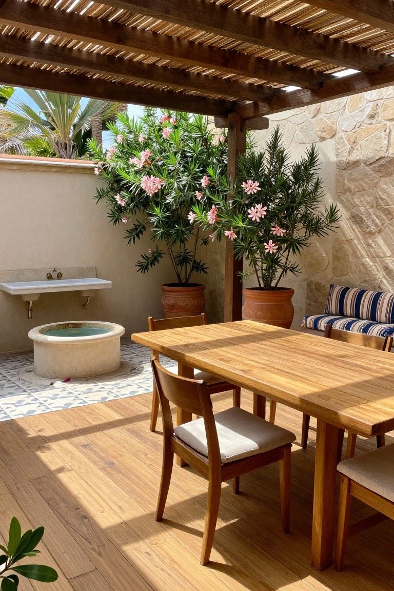 A wooden patio dining table under a slatted pergola, flanked by two large terracotta pots with pink flowering plants, next to a small circular water feature and a striped cushion bench.