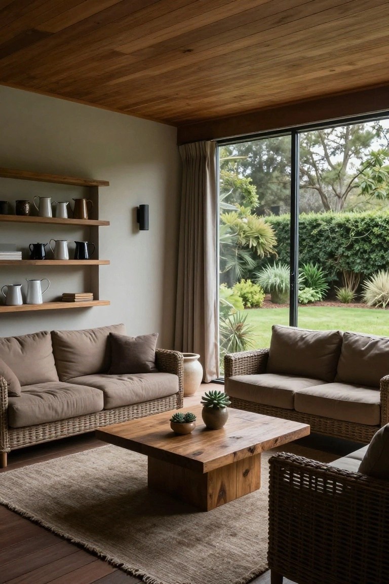 A living room interior with two brown sofas, a wooden coffee table on a rug, floating wooden shelves on a light wall, and a large glass door opening to a garden view.