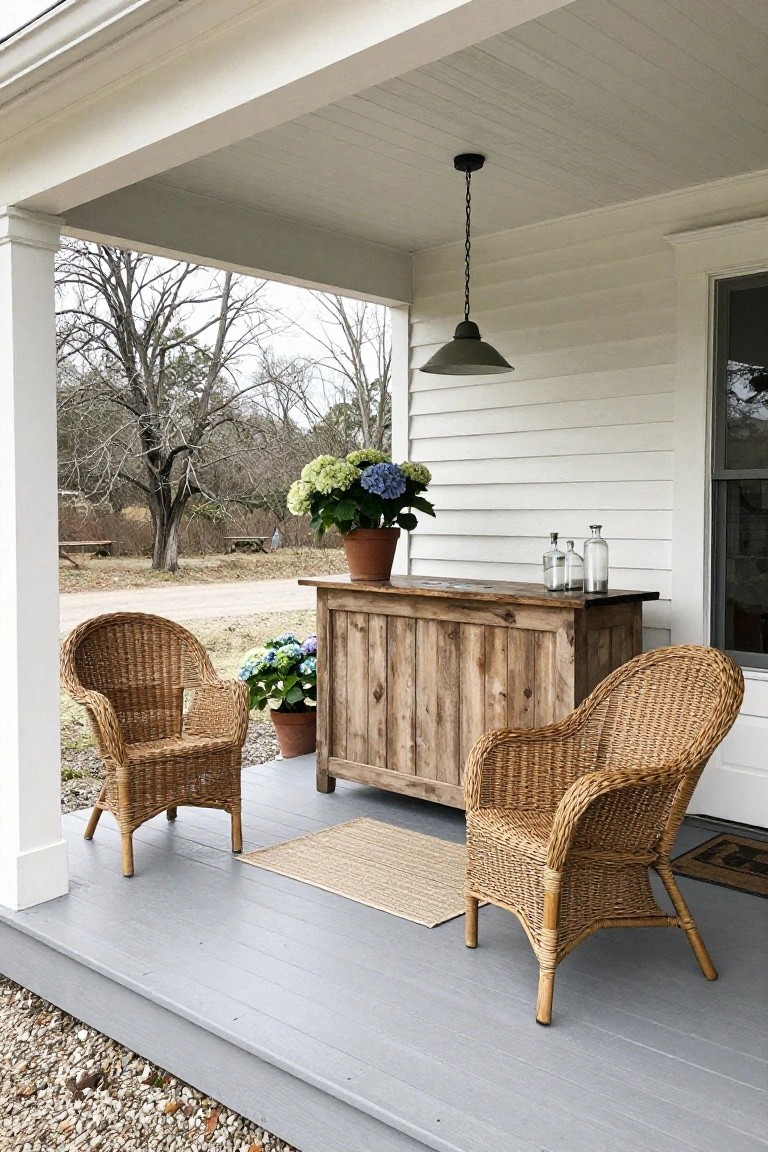 Two wicker chairs flank a rustic wooden cabinet on a gray porch, with potted hydrangeas and glass bottles on top.