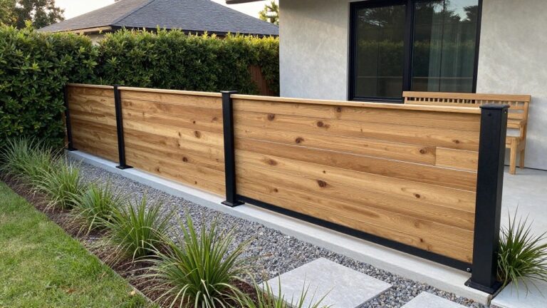 20 Modern Wood Fence Ideas in Clean Horizontal and Vertical Designs A horizontal wood fence with an attached bench, black metal posts, and a gravel path with concrete stepping stones beside a house.