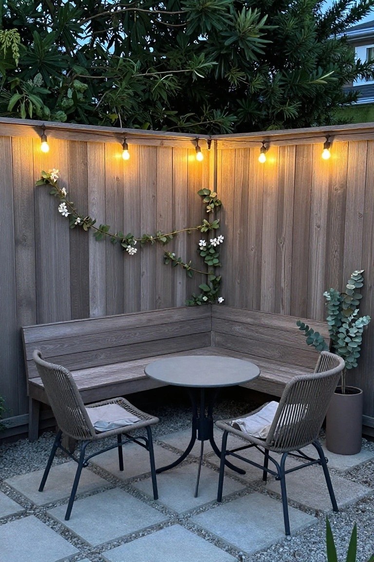Cozy wooden patio corner with string lights, round table, woven chairs, and plants.
