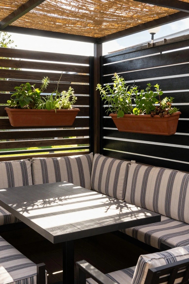 Outdoor patio with L-shaped striped cushions, dark table, and wall-mounted planters under woven shade