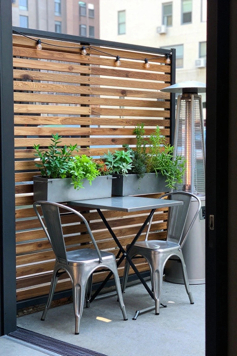 A patio with a horizontal wood slat fence, metal table and two chairs, gray planters attached to the fence, and an outdoor heater.