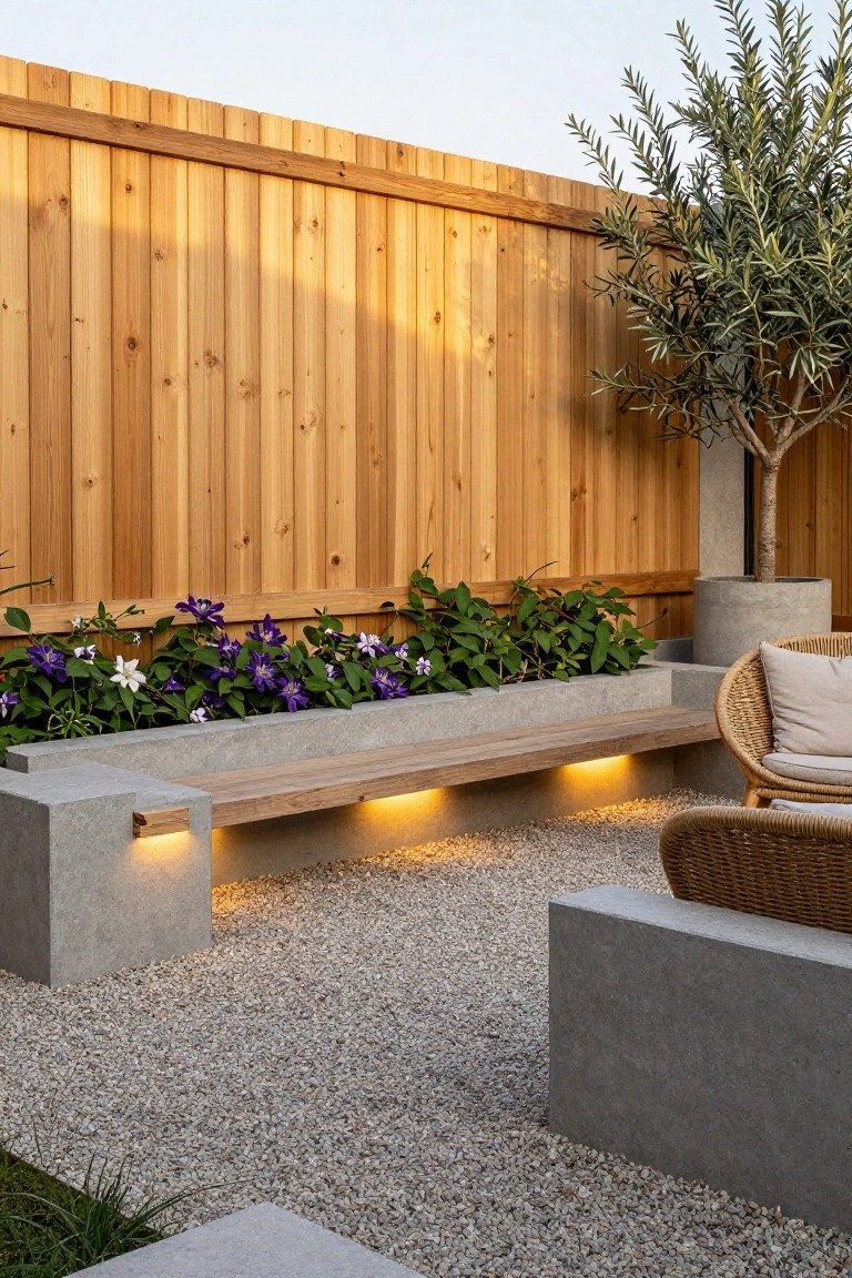 Modern garden with wooden bench, concrete planters, purple flowers, gravel, and wicker chairs