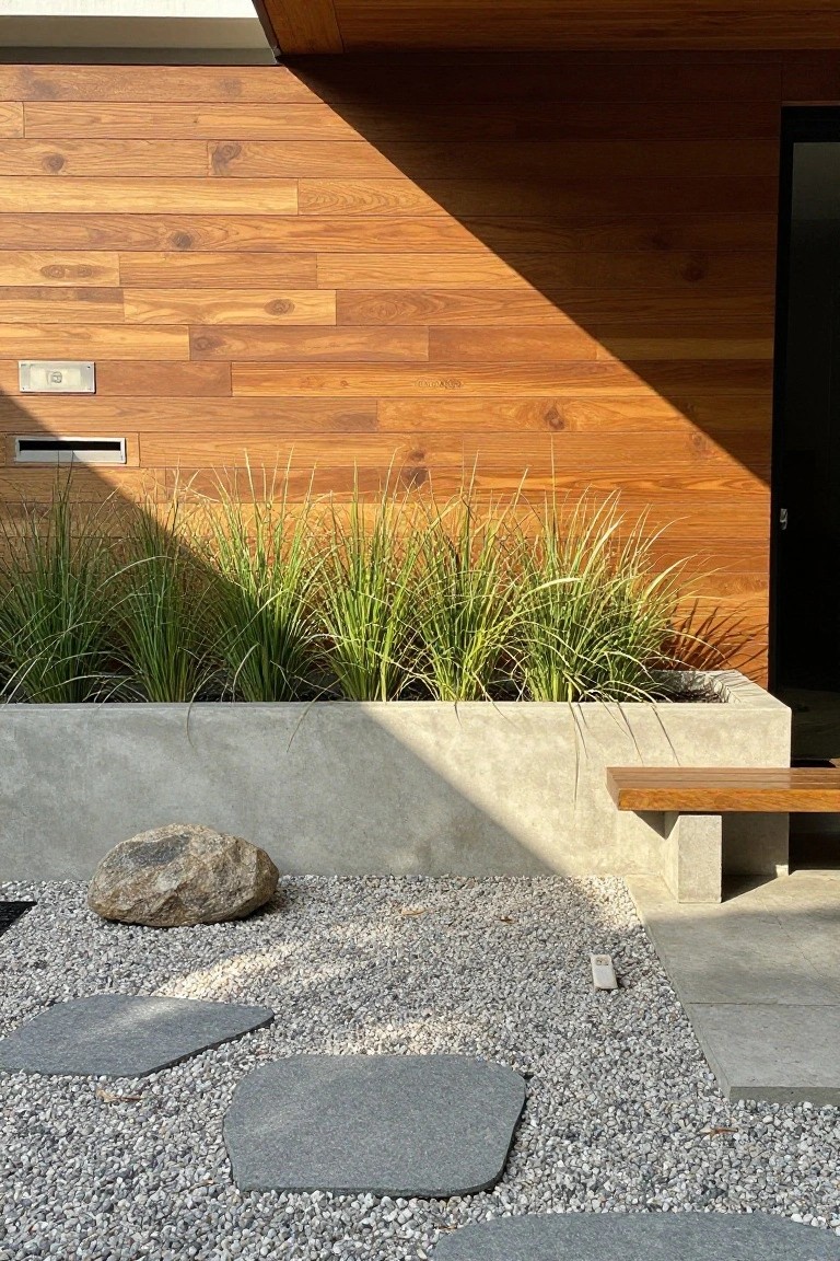 Modern house exterior featuring horizontal wood siding above a concrete planter with tall ornamental grass, set against gravel with stone pavers and a wooden bench.