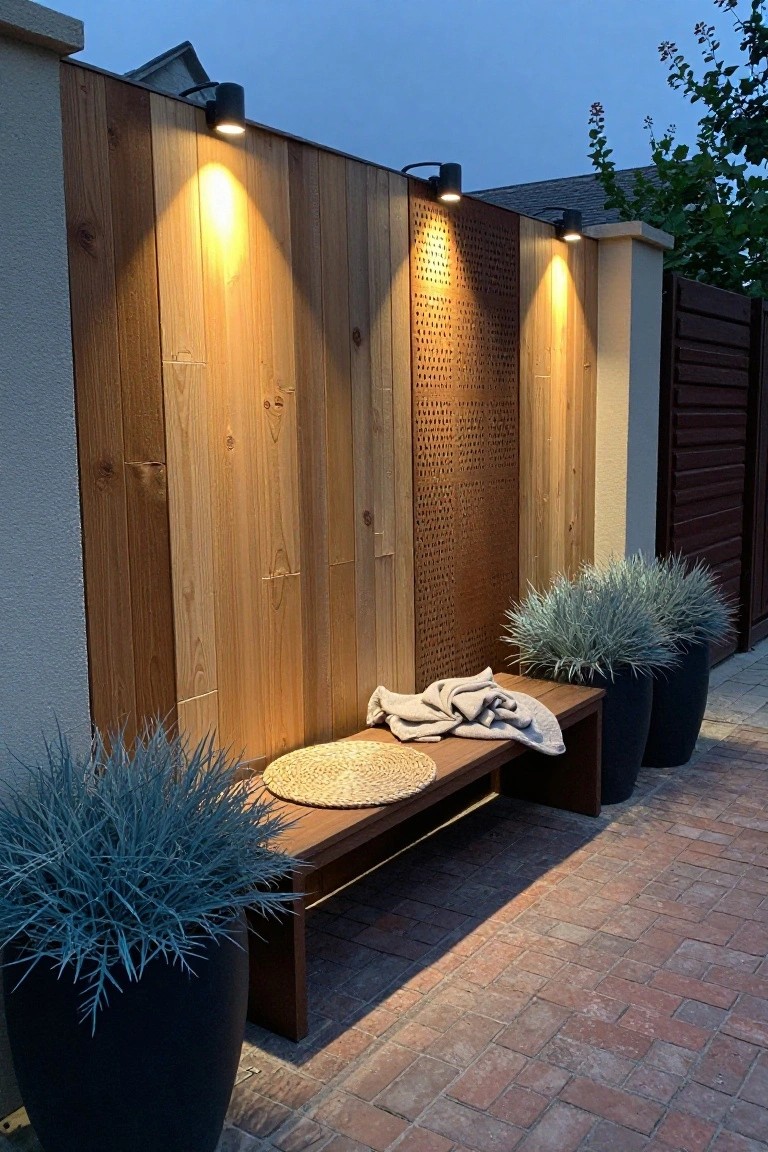 A modern wood fence with horizontal planks on the left and a central perforated vertical panel, a wooden bench in front, and wall-mounted lights above.