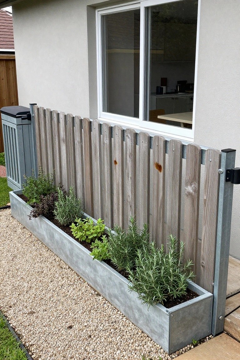 A vertical wood fence runs alongside a concrete planter box filled with herbs and plants next to a house window.