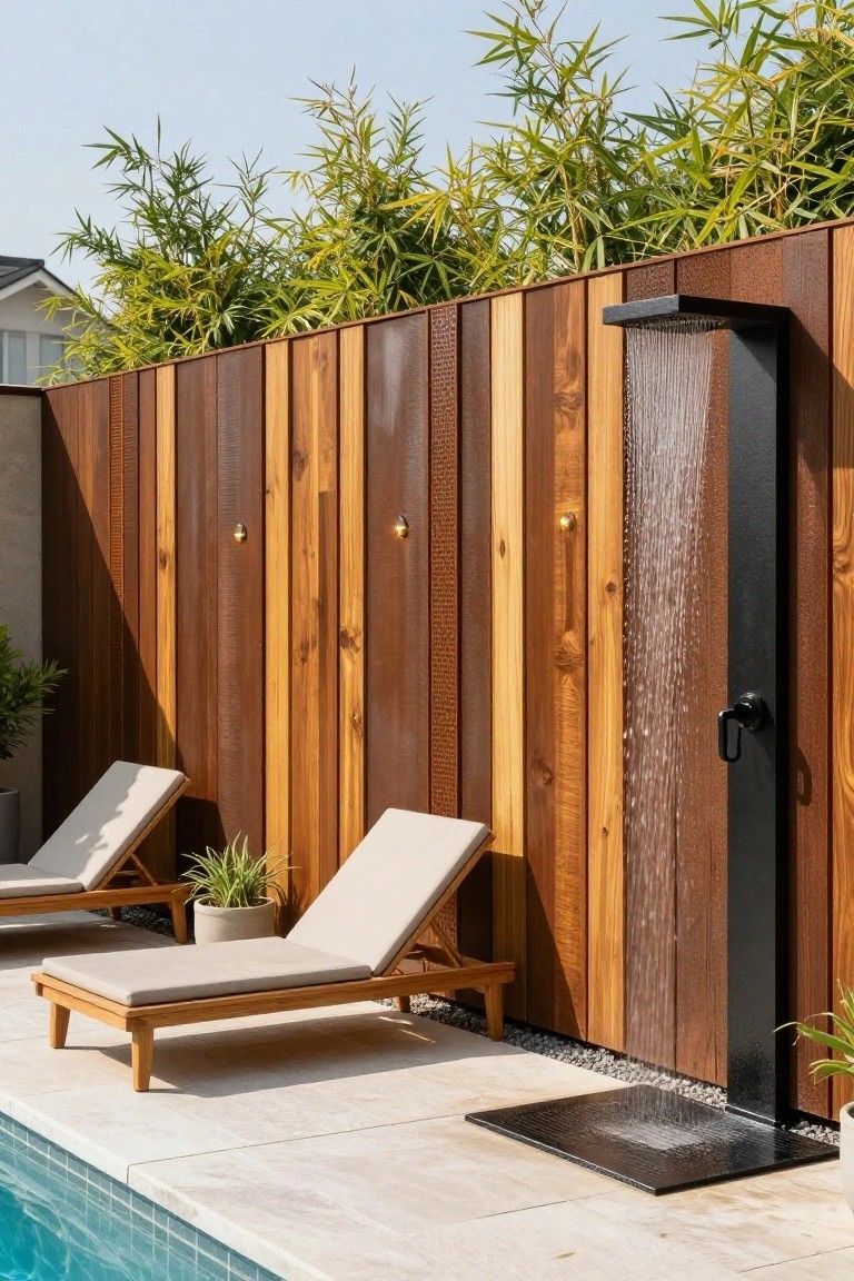 An outdoor shower with running water mounted on a vertical wood fence beside two lounge chairs and a swimming pool.