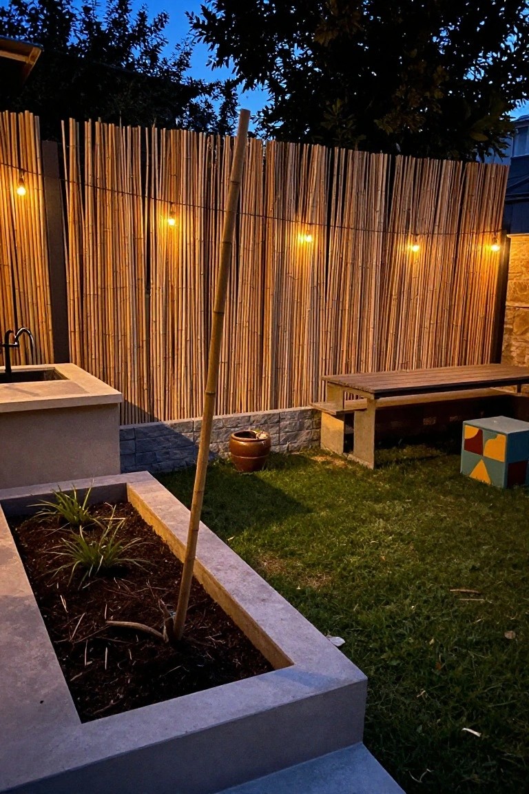A backyard enclosed by a tall vertical reed fence with string lights, a concrete planter in the foreground, and a wooden bench on the grass.